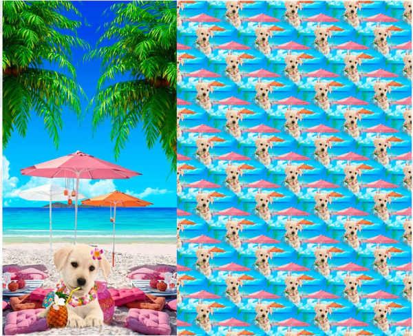 Fabric with a dog on the beach
